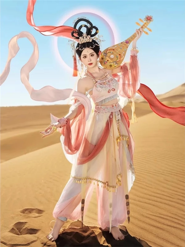 

Летающее ханьфу женское платье в этническом стиле в экзотическом стиле для путешествий, фотографии, танцевального представления, комплект в древнем стиле в западном регионе