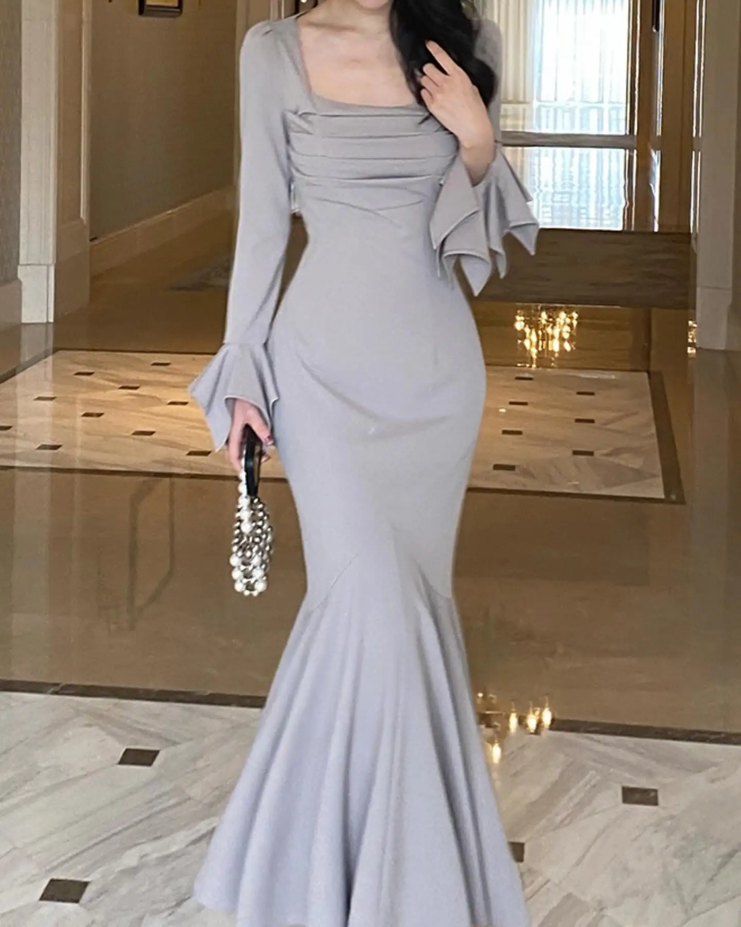 

Customized High Quality Mermaid Jersey Evening Dresses Delicate Long Sleeves Square Neck Prom Dress Custom Size Party Dress