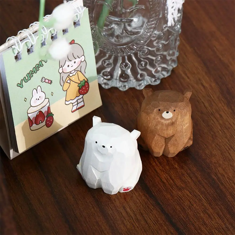 Solid Wood Wooden Bear Figurines Cute Realistic Polar Bear Ornament Miniature Hand Carved Mini Bear Statue Courtyard