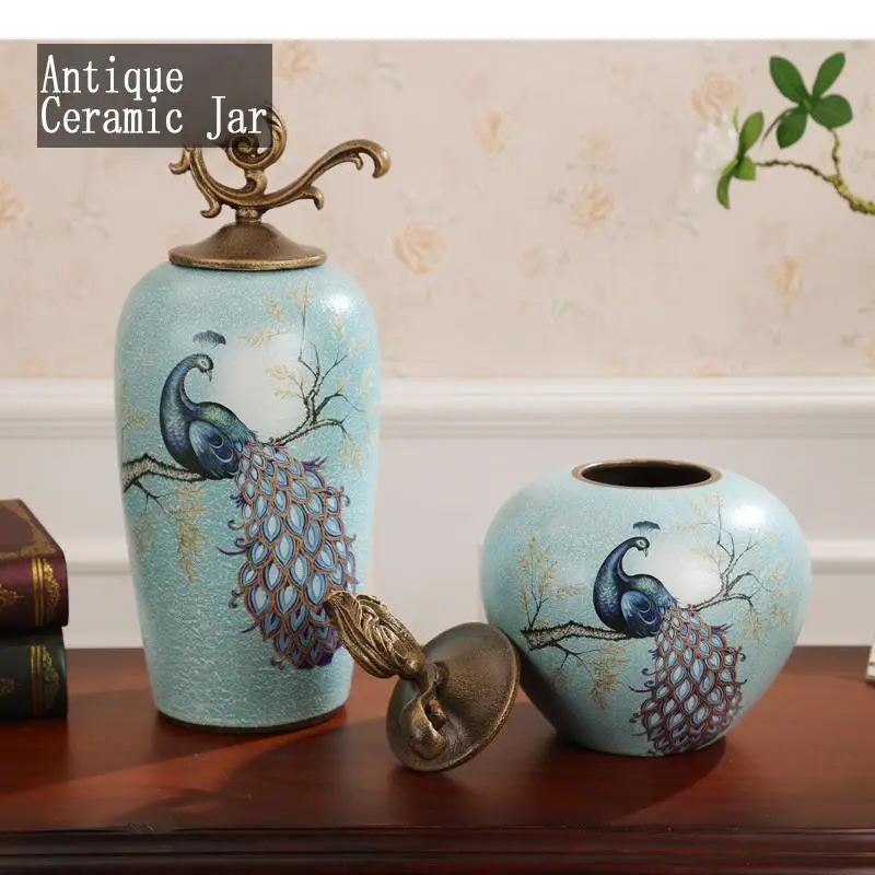 

American Antique Candy Jars Peacock Pattern with Cover Storage Jar Sugar Bowl Jewelry Container Organizer Rustic Home Decor