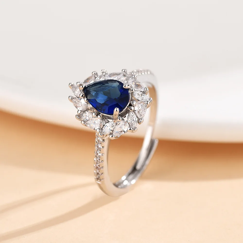 

Deep blue teardrop-shaped micro-inlaid moissanite ring women's fashion, light luxury and high-end feel exquisite opening, MYE-69