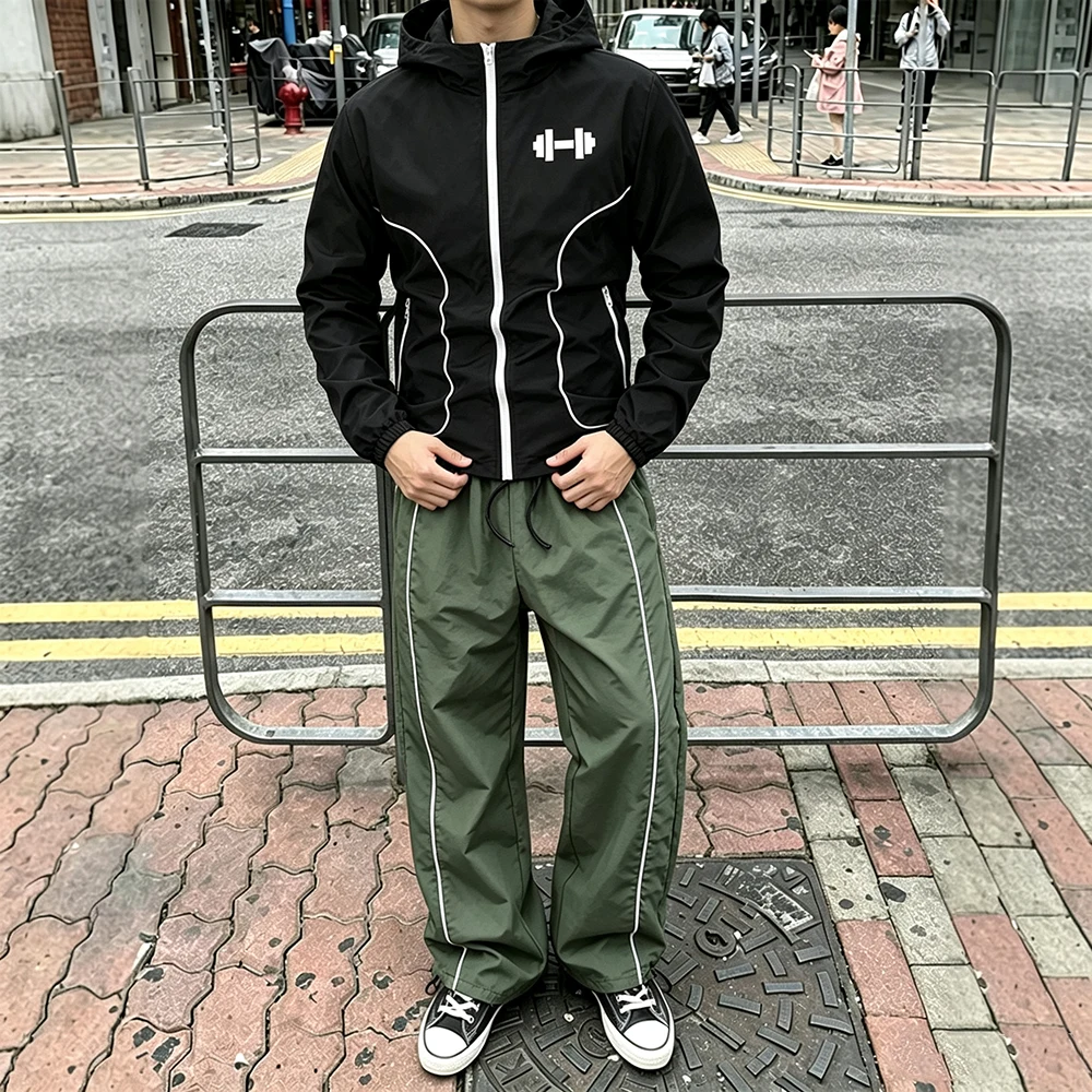 Workout Fitness Mens Tracksuit Stripe Hooded Jacket Geometric Dumbbell Print Drawstring Hem Trousers Casual Running 2 Pcs view 4