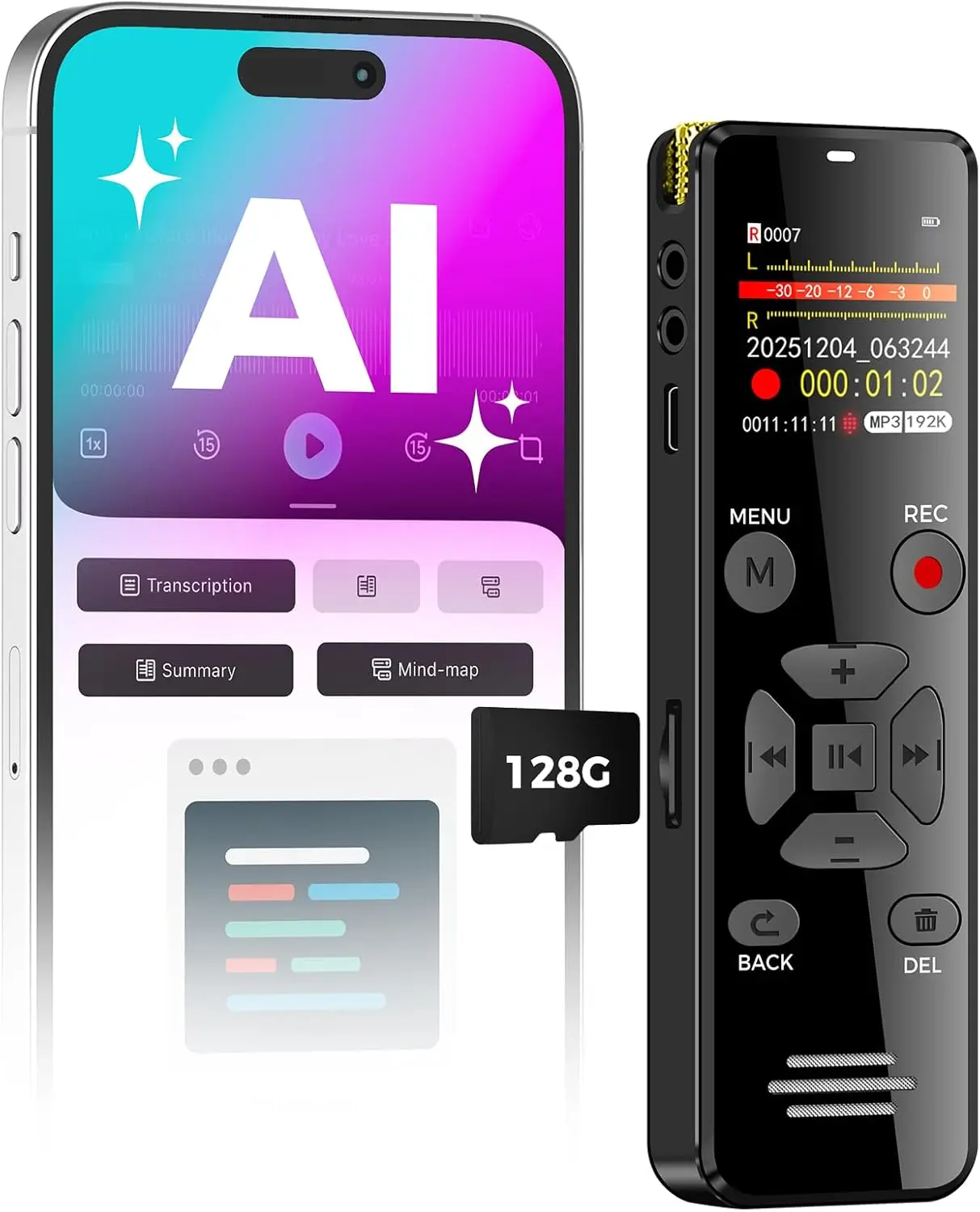 

AI Voice Recorder 128GB: Transcribe, Summarize with Playback, OTG Portable for Meetings & Lectures