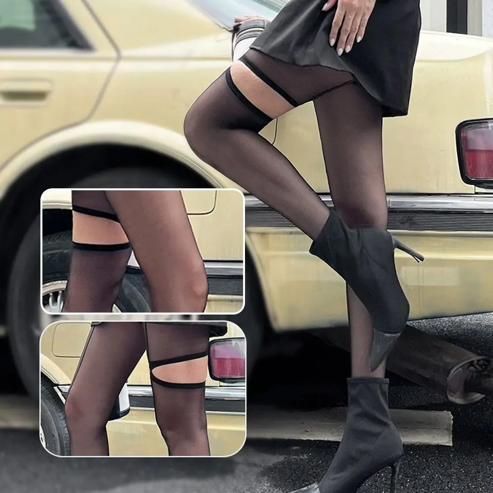 Fashion Personality High Pantyhose Hollow Out Leggings Hottie Sexy Tights Perspective Asymmetry Vertical Line Tights Women