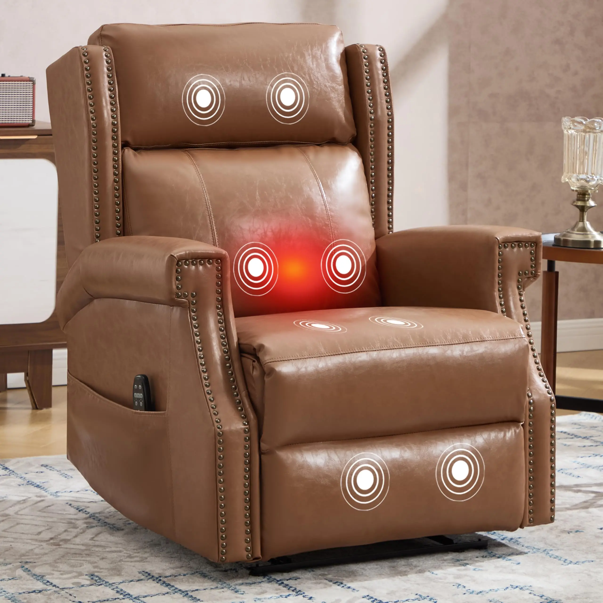 Manual Recliner Chair, Faux Leather Push Back Recliners with Vibration Massage Lumbar Heat, Living Room Single a