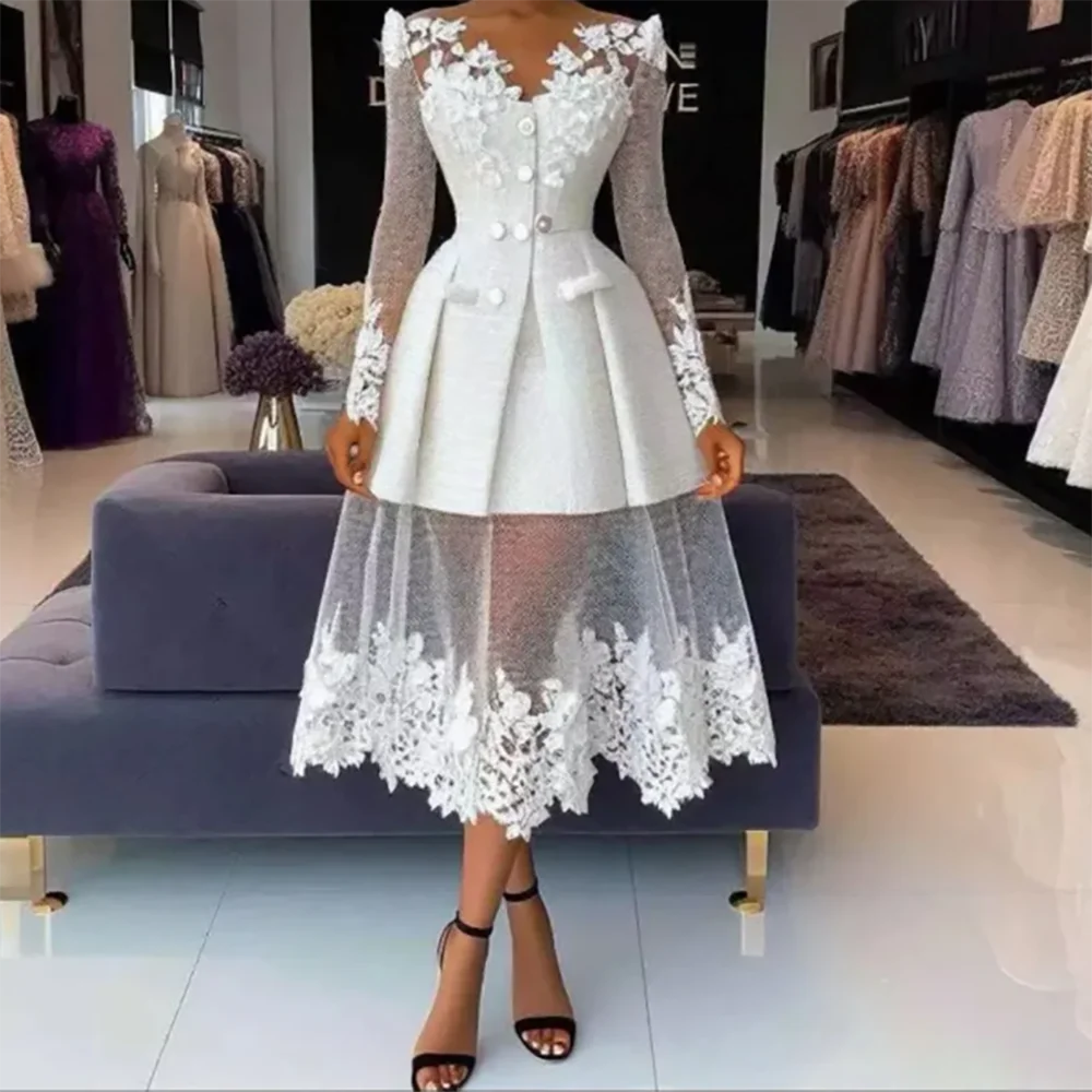 

Elegant V-Neck Lace Appliquins Long Sleeves A-Line Formal Evening Dresses Birthday Party Prom Gowns Customized