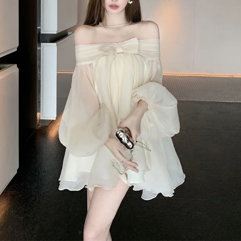 

Harajuku Fairy Mini Dress Y2K Korean Solid Long Sleeve 2025 Sexy Off Shoulder Bow Cute Sweet Irregular Dresses Vestidos fdsdfd2