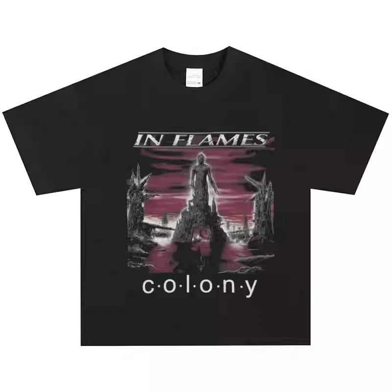 

2025 in Flames Band's Rock Metal American Retro T-shirt Street Distressed Heavyweight Short-sleeved Vintage High-quality Luxury
