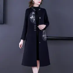 Autumn And Winter Woolen Jacket Windbreaker For Women 2023 Spring Loose Fashion Stand Collar Chinese Style Embroidery Coat T1740