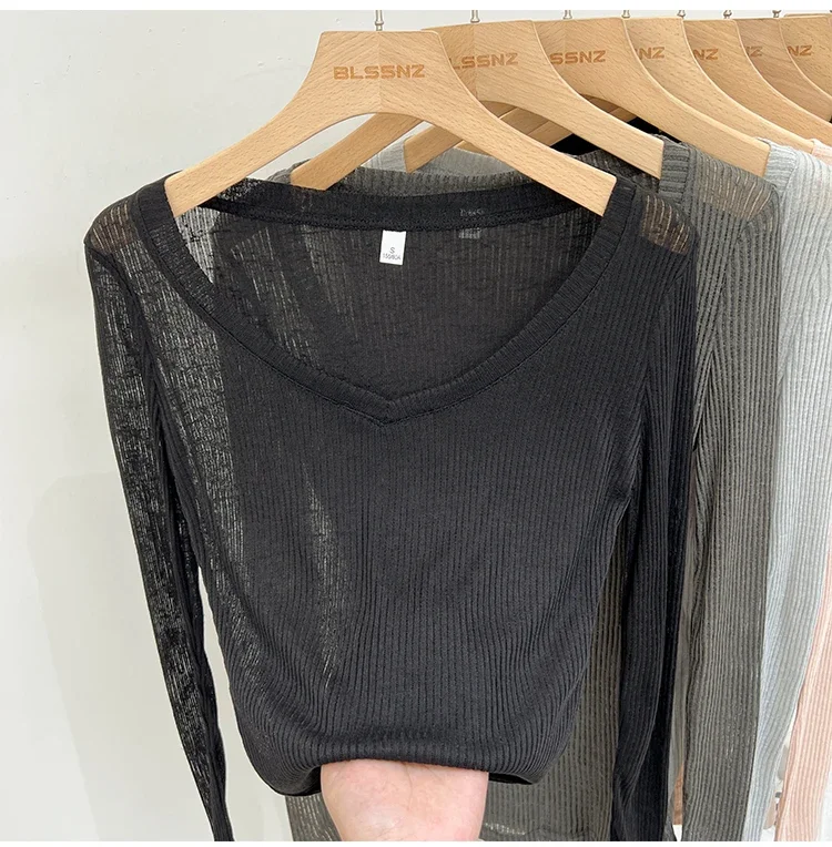 2026 Sommer Neuer Lässiger Stil Transparentes Dünnes Durchsichtiges Überzug-Top Damen T-Shirt V-Ausschnitt Sonnenschutz Langarm T-Shirt – Detail 30