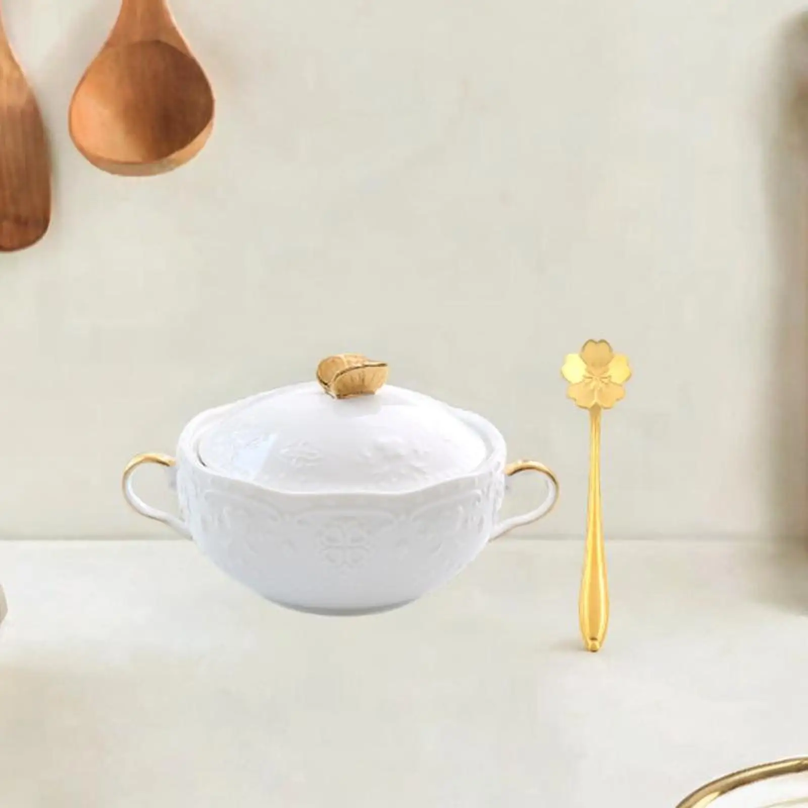 Elegant Ceramic Soup Bowl with Lid and Spoon French Onion Soup Serving Bowl for Kitchen Dinnerware view 5