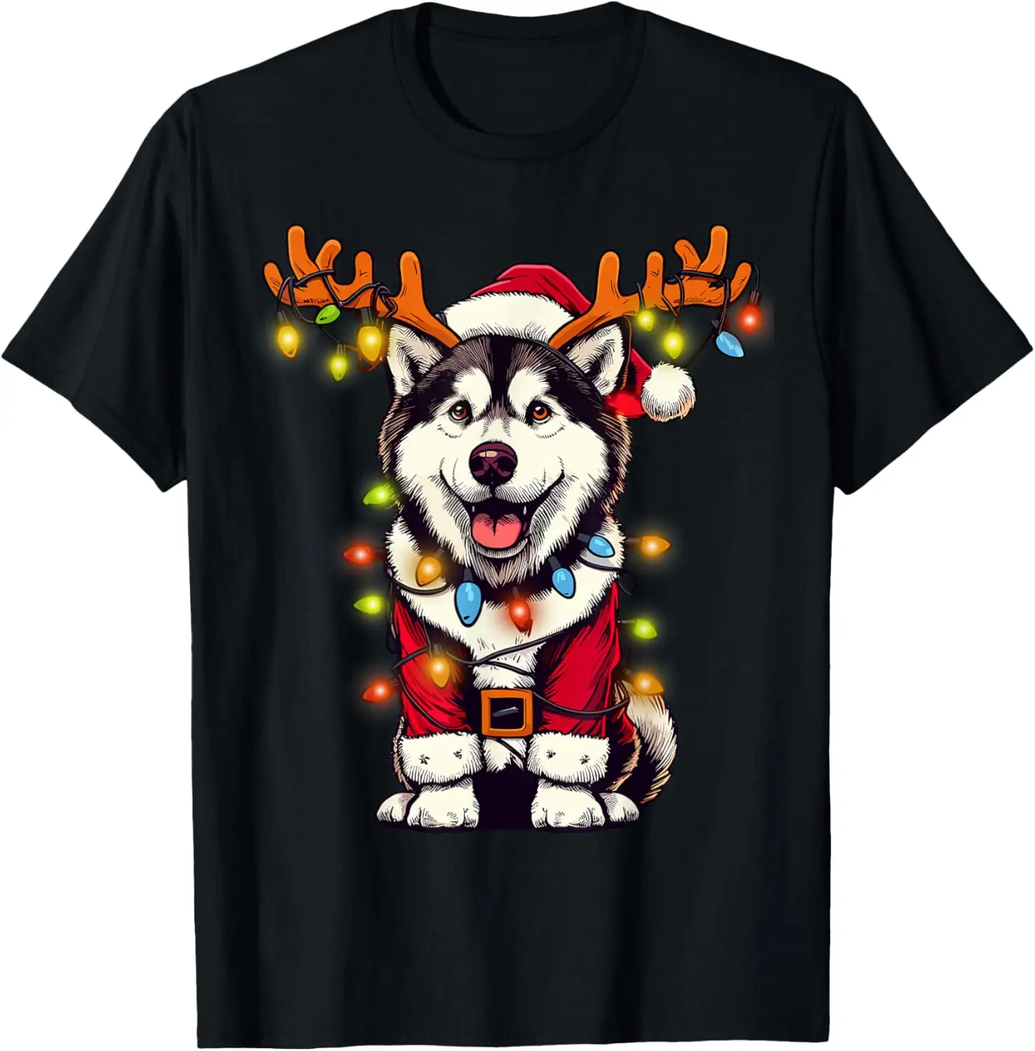 

Husky Christmas T-Shirt Funny Santa Dog Reindeer Lights Graphic Tee Men's Cotton
