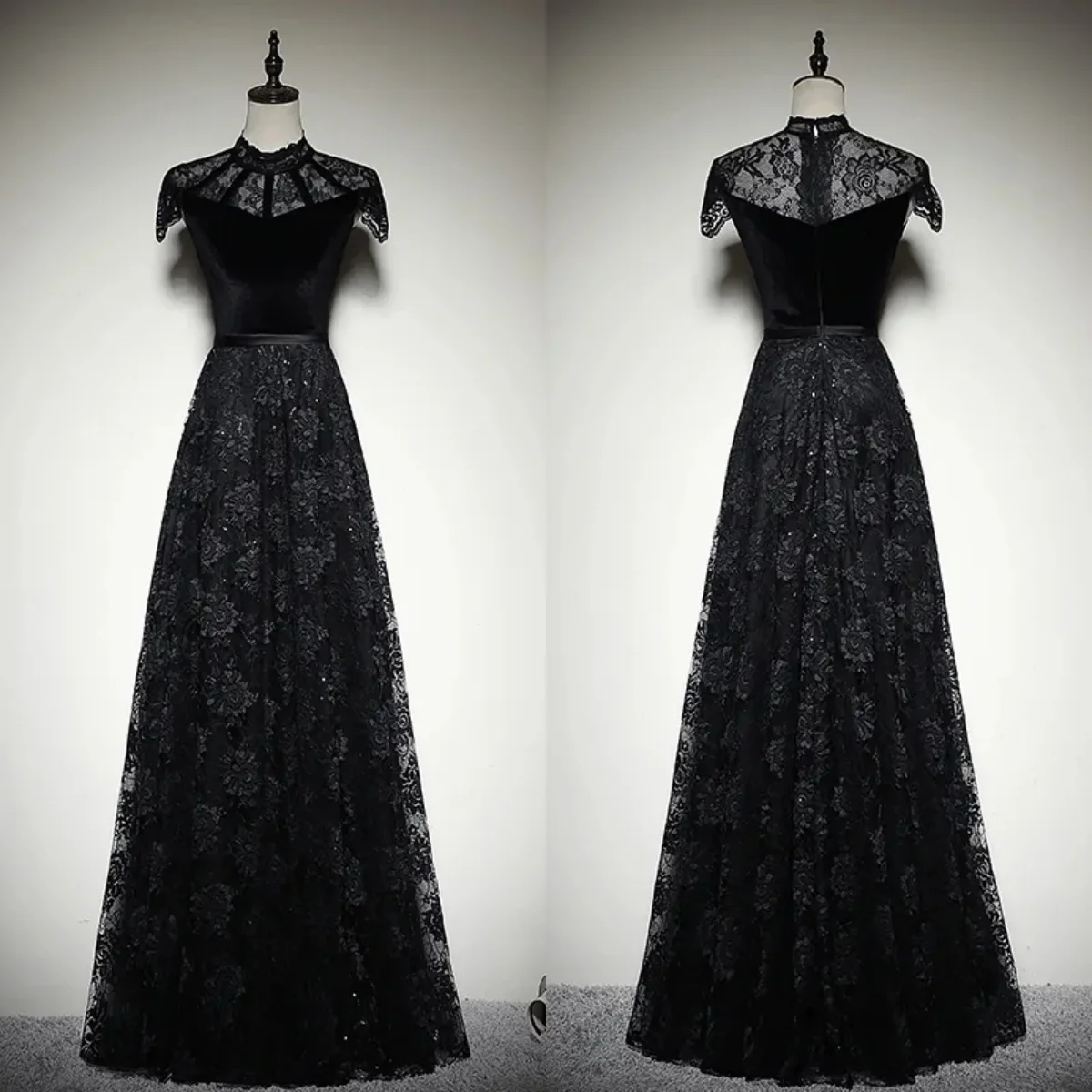 

Evening Dresses High Collar Black Lace Velour Short Sleeves Zipper Back A-line Floor Length Plus size Women Party Formal Gown