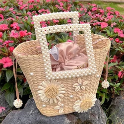 Summer Pearl Handwoven Women Bag Fashion Flower Vegetable Basket Grass Woven Handbag Shell Bucket Bag Crossbody Bag