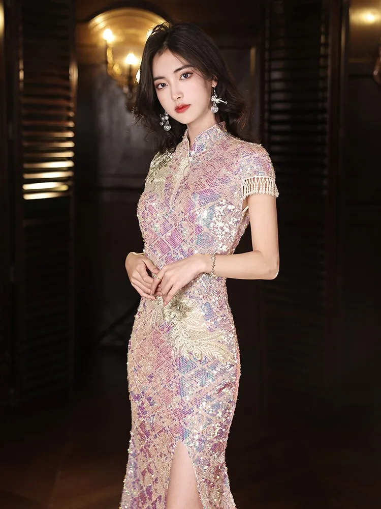 Chinese-style cheongsam banquet pink fishtail light luxury niche heavy industry high-end custom host toasting dress