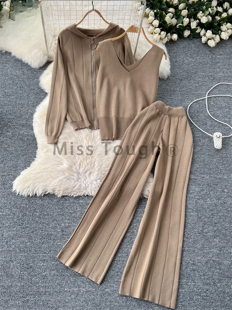 Autumn Korean Casual Knitted 3 Piece Sets Women Retro Hoodies Coat + Solid Vest + Wide Leg Pants New Design Vintage Suits 2024