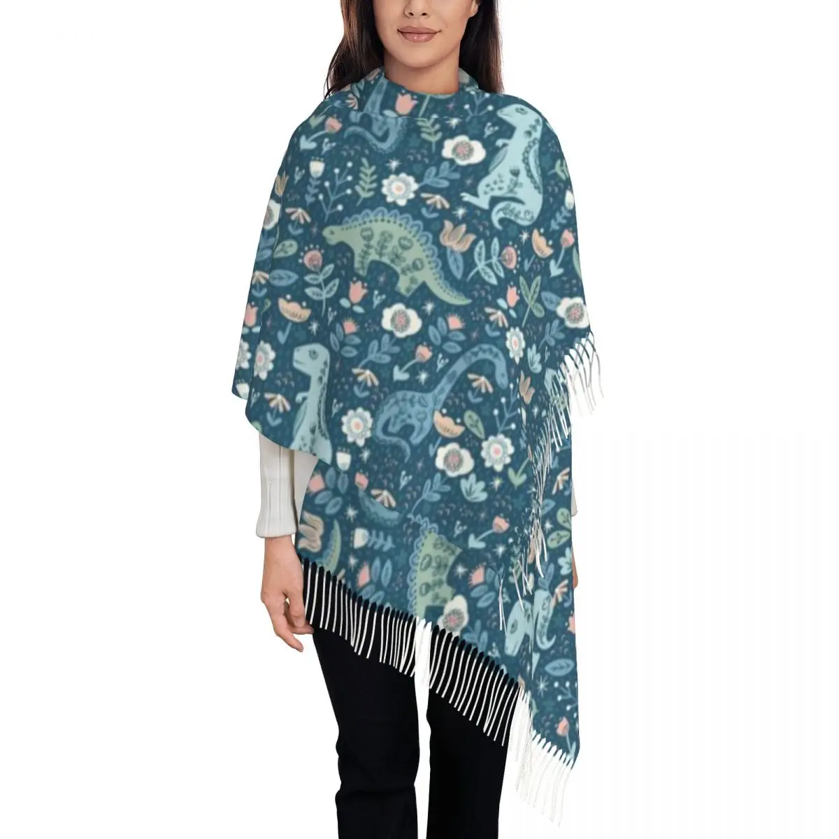 Folk Dinosaurs In Blue Shawl A Tassel Scarf