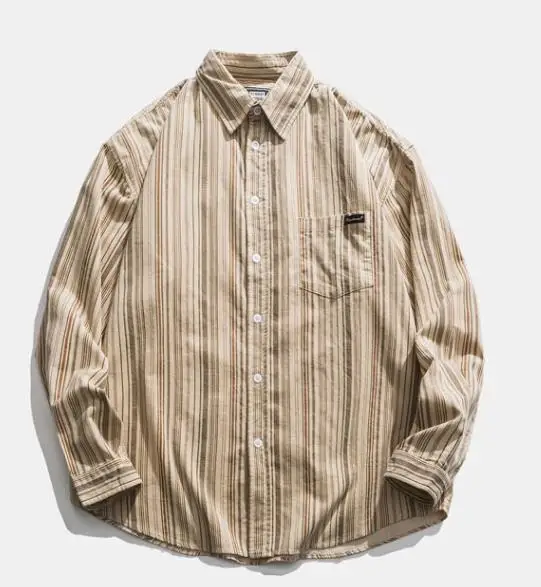 Autumn Japanese Retro Artistic Striped Long-sleeve Shirt for Men Unisex Corduroy 100% Cotton Workwear Loose Casual Light Jacket