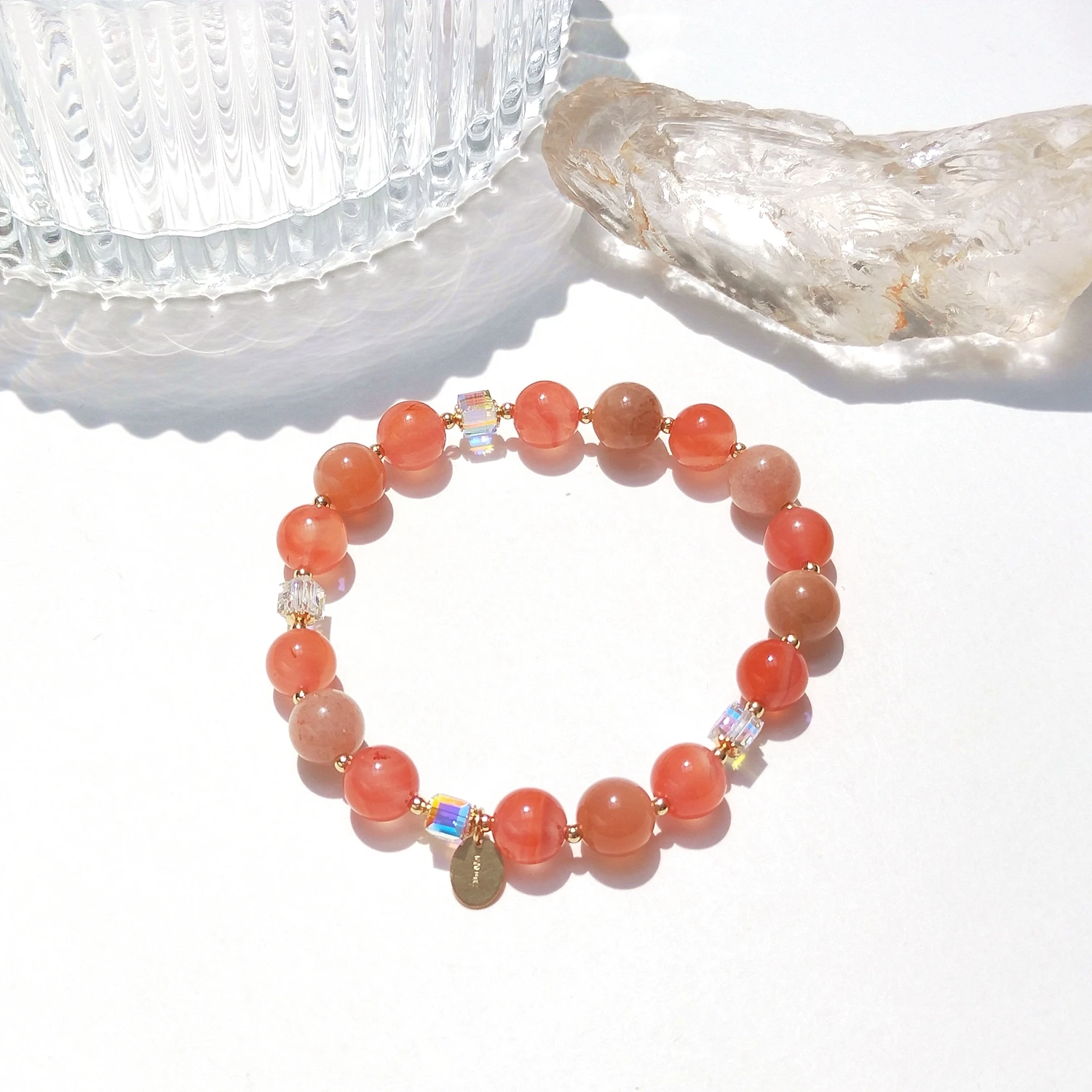 Lii Ji Natural Carnelian Sunstone Orange Calcite 8mm 14K Gold Filled Charms Elastic Bracelet Handmade Fashion Jewelry