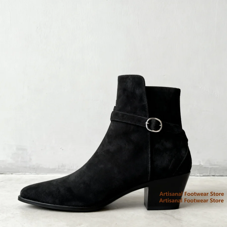 Black/brown Suede Chelsea Boots Buckle Strap High-Top Men's High Heels Booties Designer Style Luxury Handmade Men Shoes Botas
