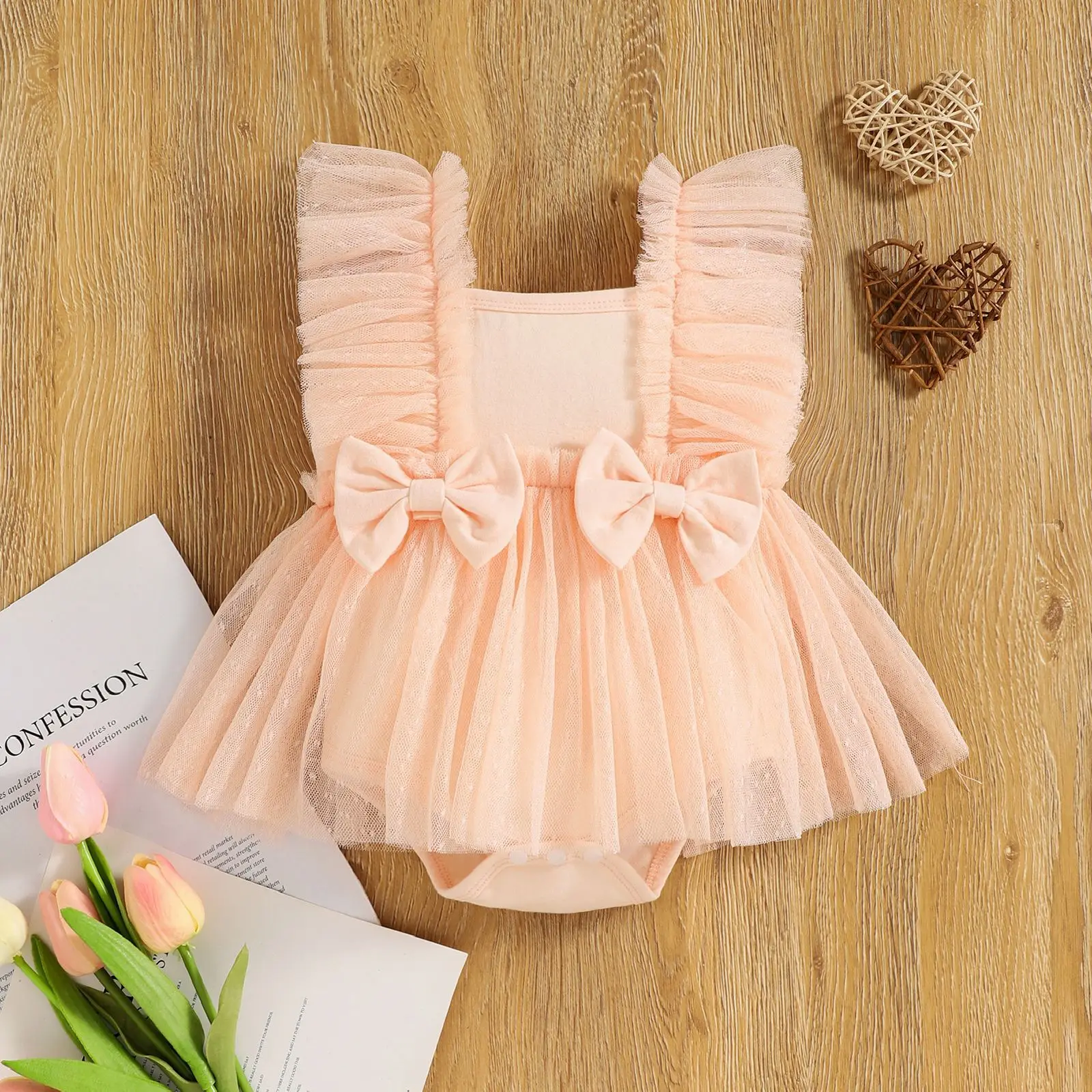 Children's Clothing Girls Dress New Bow Flying Sleeves Mesh Khaki one-piece Dress