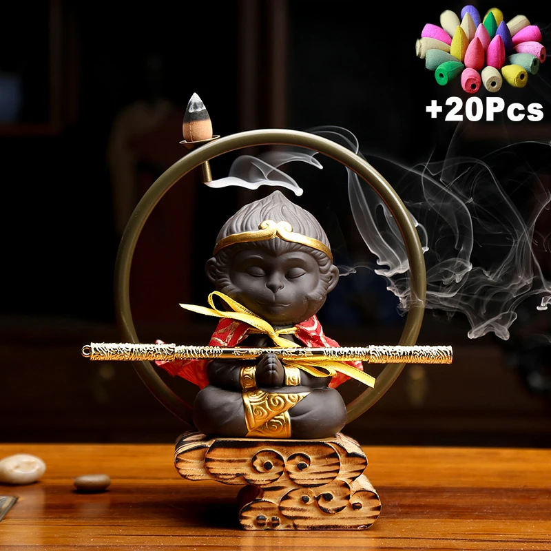 Imagem -02 - Handmade Metal Backflow Incenso Queimador Argila Roxa Monkey King Estátuas Forno de Sândalo Creative Desktop Ornamentos Home Decor