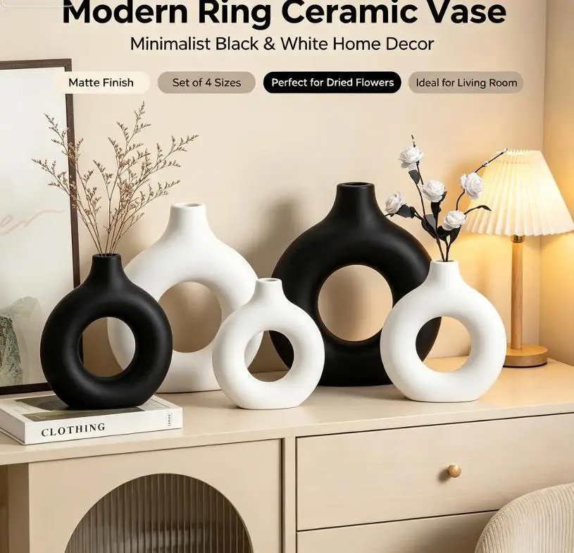 1Pcs White Black Cute Round Vase Donut Plastic Vase Flowerpot Ornaments For Living Room Dining Table Office Home Decor
