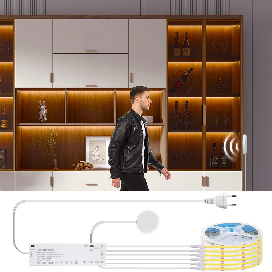 

Under Cabinet COB LED Strip Light 24V Led Wardrobe Lamp Tape 320LEDs/m with Penetrable Wood PIR Motion Sensor Indoor Lighting