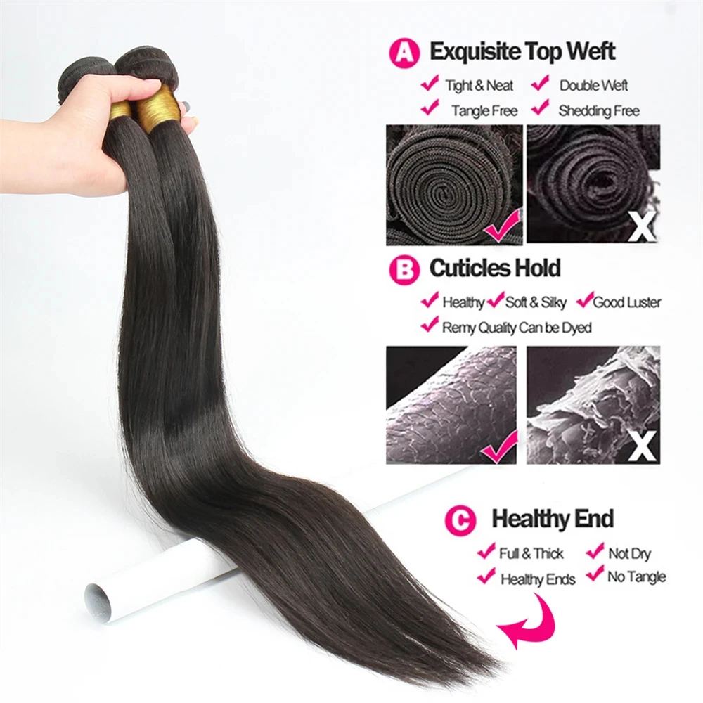 Extensiones de cabello humano liso para mujer, mechones con encaje Frontal HD de 13x4, tejido brasileño, 3 mechones con cierre