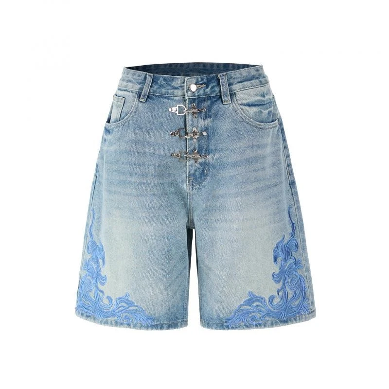 Men's Soft-Colored Denim Shorts in Retro Style with Elegant Baroque Grape Print Design, Relaxed Straight Cut, Versatile Fashion,