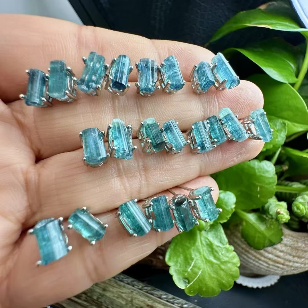 

1Pair Fengbaowu Natural Rough Blue Tourmaline Earring 925 Sterling Silver Crystal Healing Stone Fashion Jewelry Gift Women