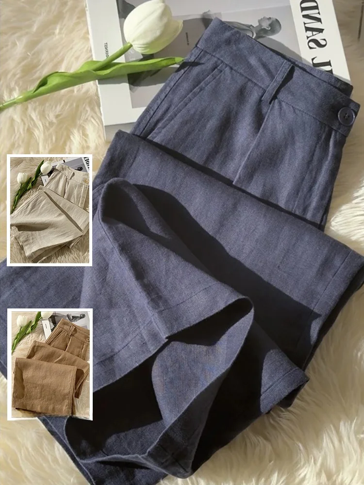 

High Waist Wide Leg Cotton Linen Pants Thin Pure Color Casual Straight Cut Summer Suit Trousers for plus Size Women