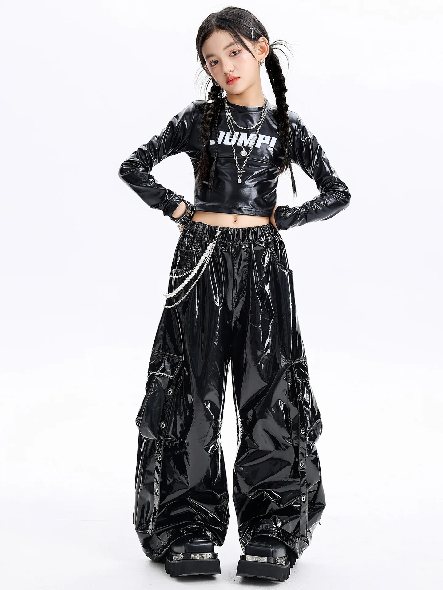 2025 Ragazze Cool Hip Hop Costume di Ballo Maniche Lunghe Nero Top Pantaloni Vestito di Pelle Kpop Jazz Dance Performance Abbigliamento BL17684