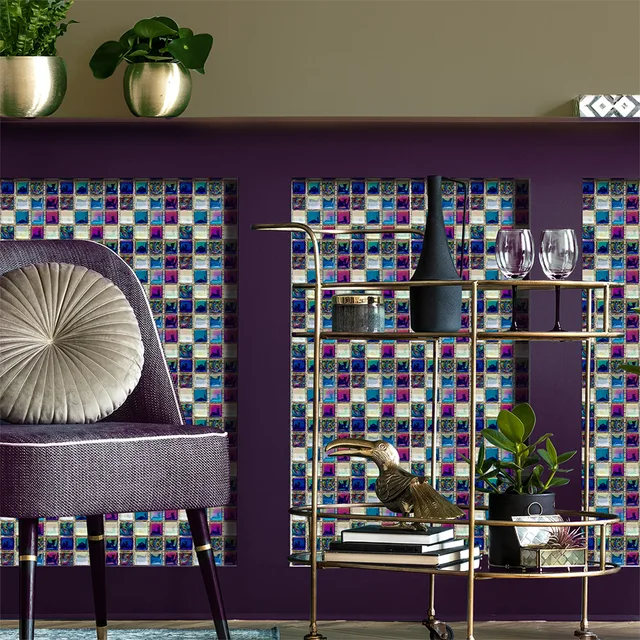 10pcs Iridescent Mosaic Peel and Stick Tile Stickers Self-Adhesive 3D Wall Decals for Kitchen Bathroom Backsplash Easy to Cut 6