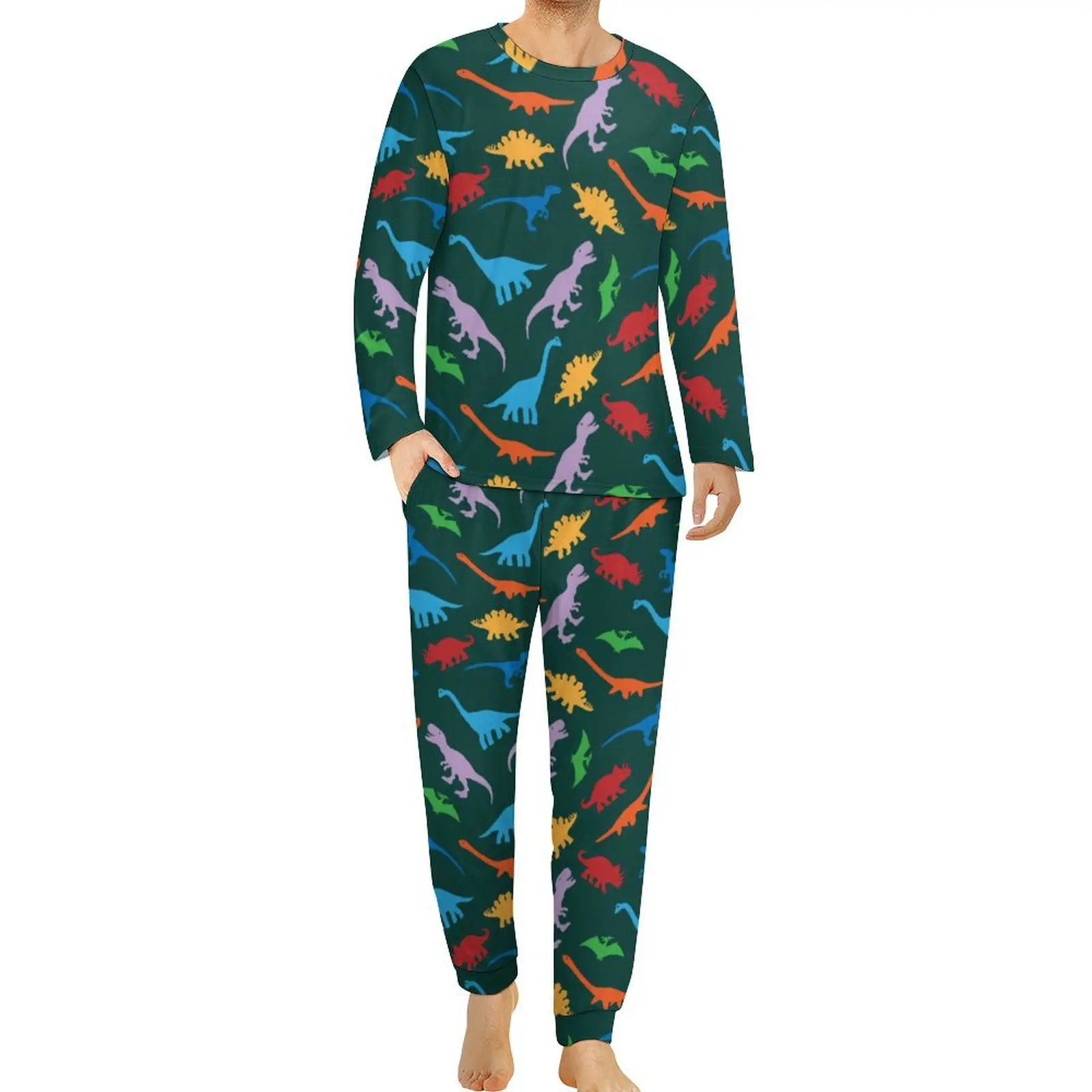 Cartoon Dinosaur Pajamas Man Colorful Animal Print Kawaii Nightwear Autumn Long Sleeve 2 Piece Bedroom Design Pajama Sets