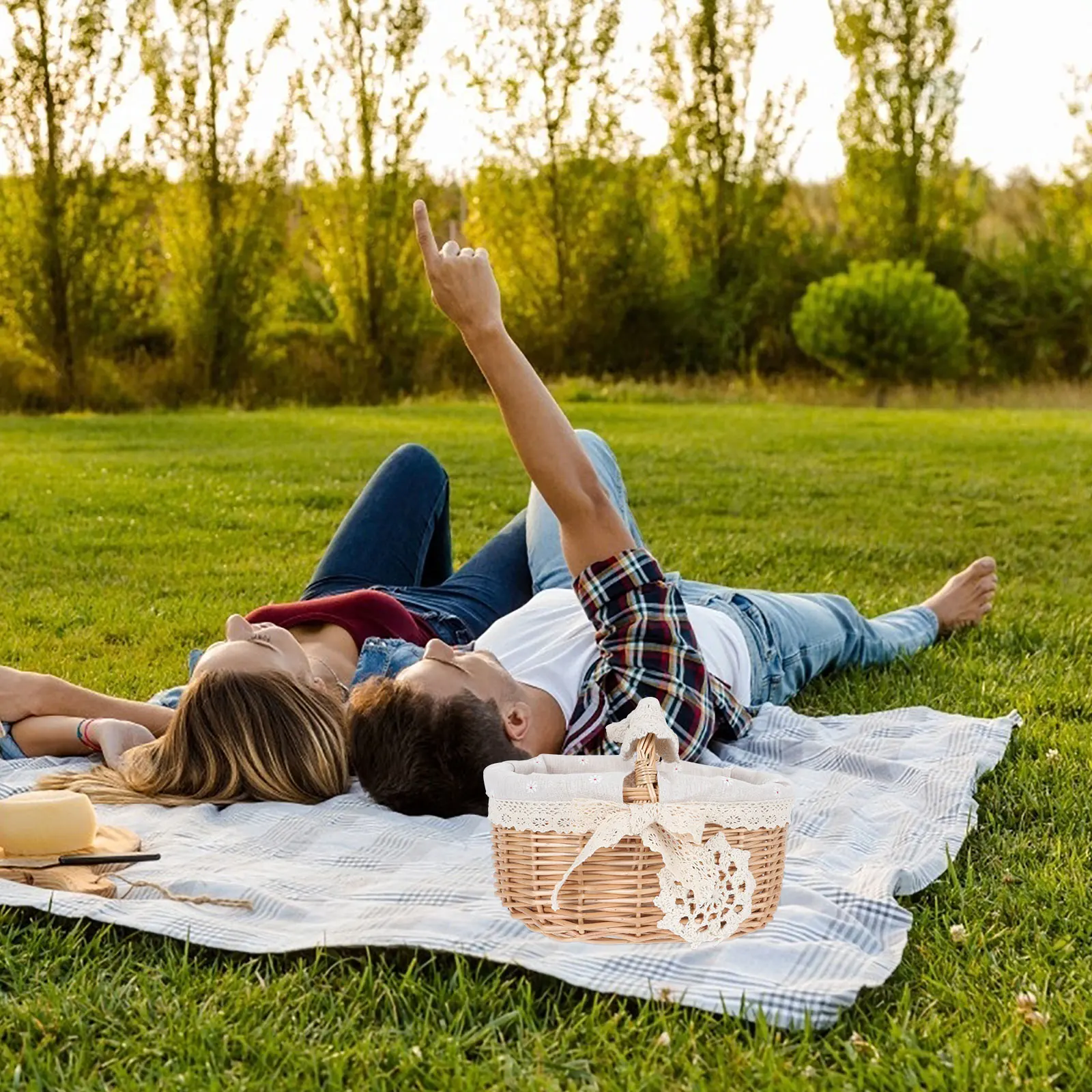 

H made Willow Basket Storage Kitchen Picnic Fruit Snacks Portable Tote Sturdy Easy Carry Cloth Lining Household Storage