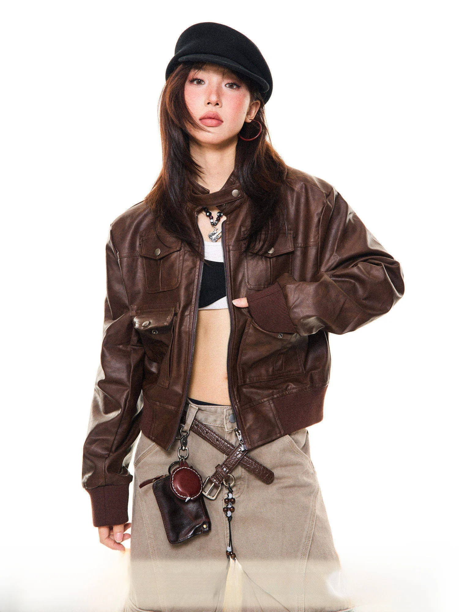 Young Stage Vintage Brown Leather Jaet Women's ort Motorcycle Sle Stand Collar Autumn Faion Outerwear