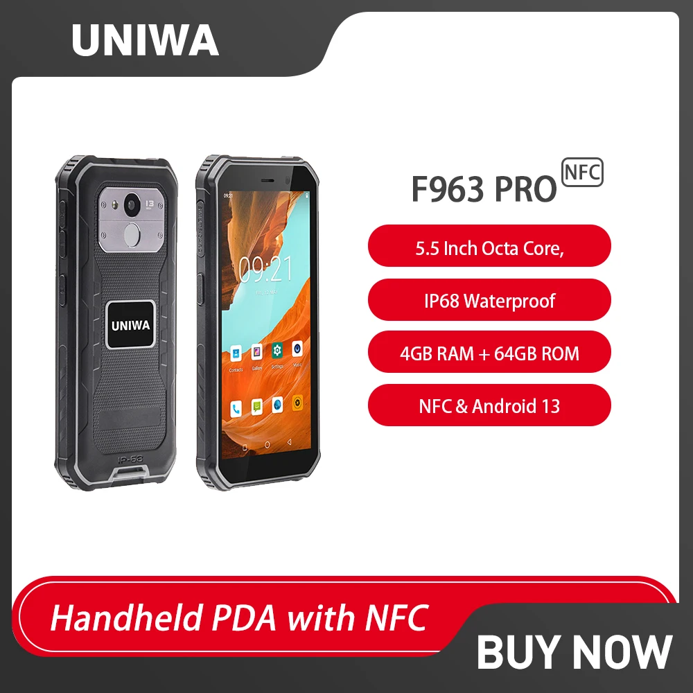 

UNIWA F963 Pro Rugged Smartphone Android13 5.5 Inch Octa Core 4GB RAM+64GB ROM 5050mAh IP68 Mobile Phone Handheld PDA With NFC