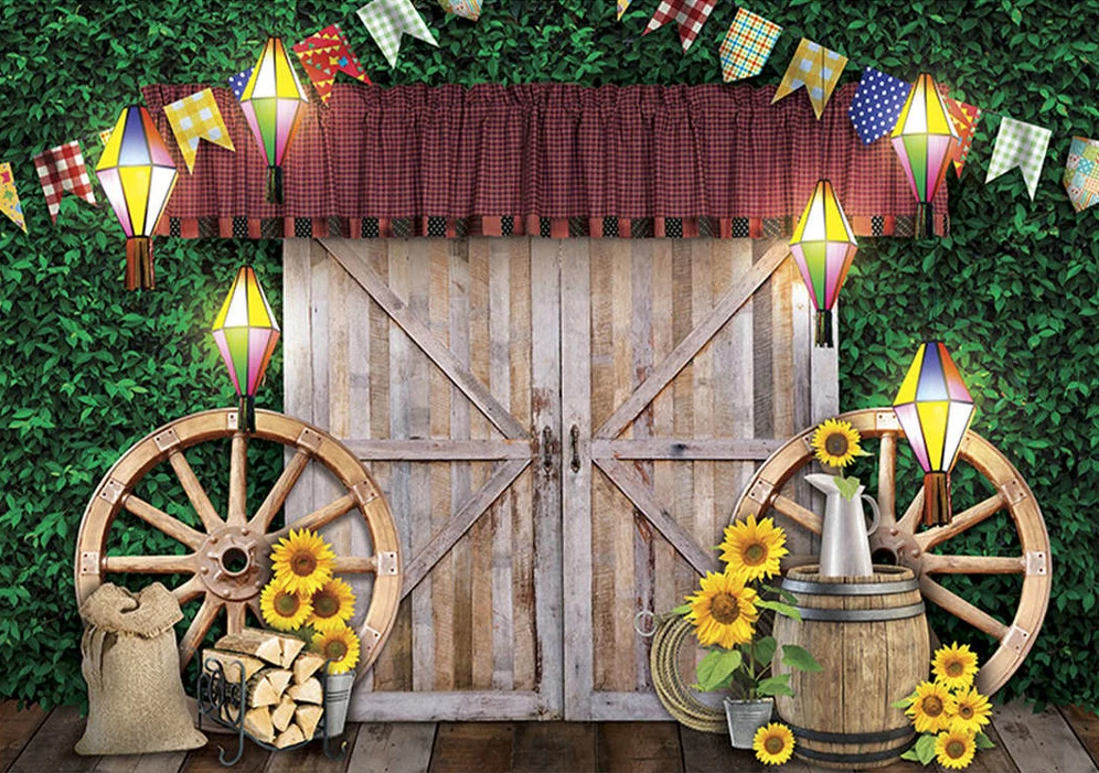 

Flag barn Wood Door Sunflower Light Grass Wine barrel backdrops computer print wedding Photography Studio Backgrounds