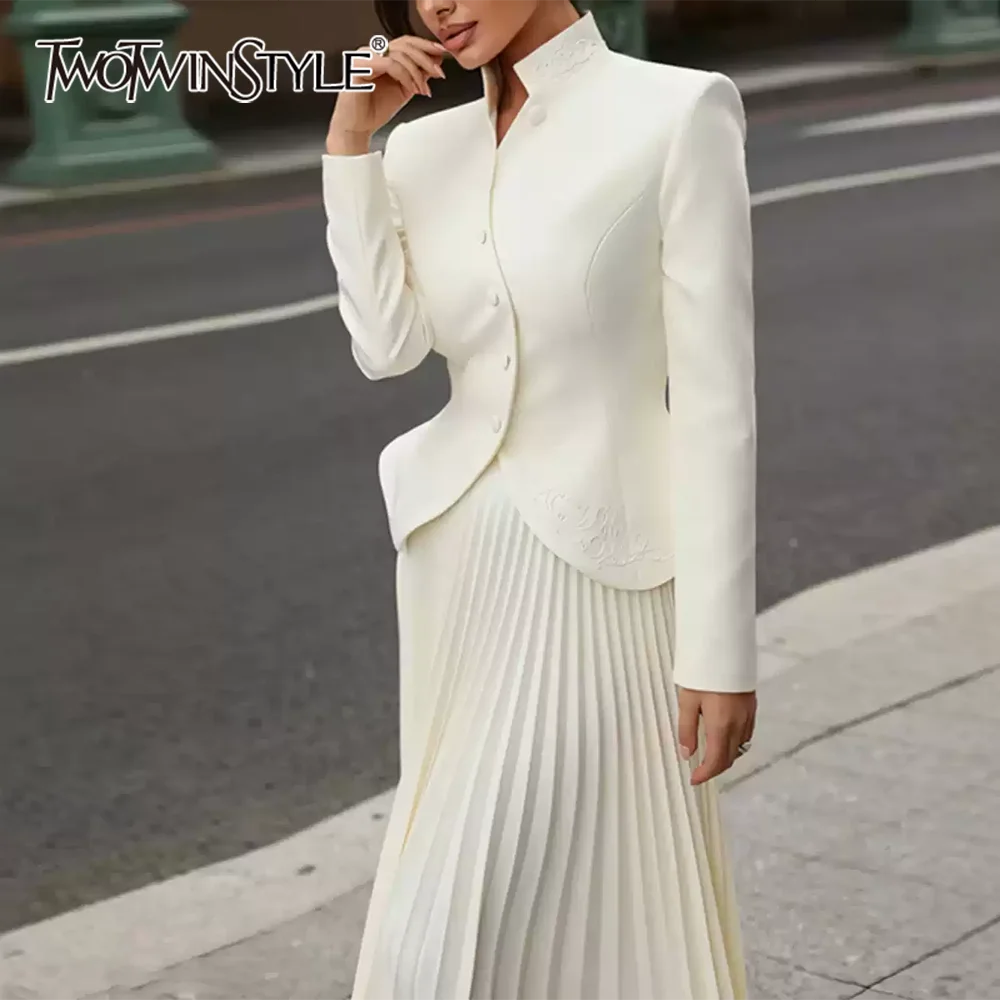 TWOTWINSTYLE Minimalist Two Piece Sets For Women Stand Collar Long Sleeve Blazer High Waist Skirt Elegant Set Female Fashion New