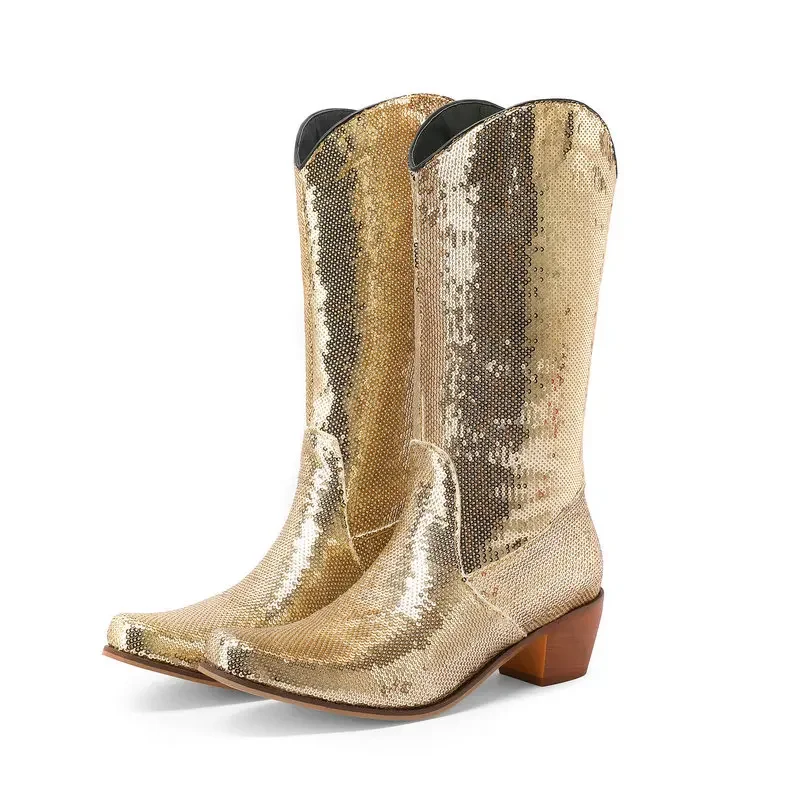 Women Mid-calf Boots Curved Toe Bling Bling Sequins Shiny Purple Green Pink Western Boots Chunky Heels Cowboy Winter Botines