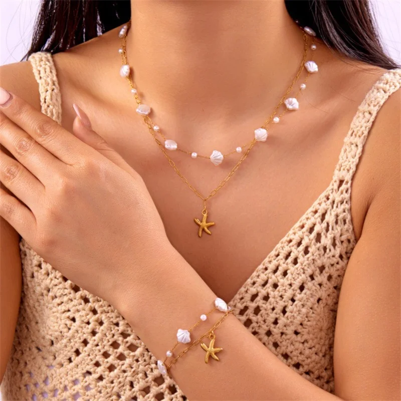 EILIECK 316L Edelstahl Seestern Muschel Perlen Halskette Armband Ohrringe Set für Damen Mode Wasserdichter Strand Schmuck Geschenk – Detail 11