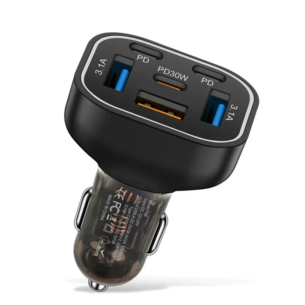 Car Fast Charger 63W Car Colorful Gradient Charger USB 6 Ports Fast Charging Phone Charger Adapter 3USB+3PD DC12-24V 4-in-1