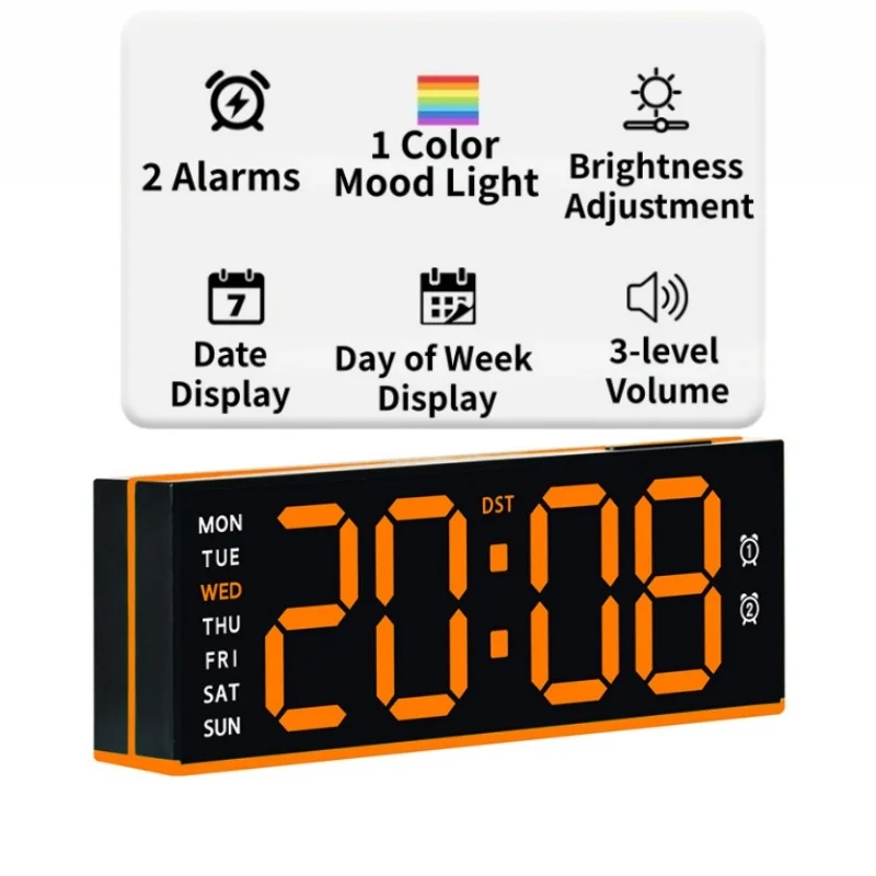 Digitale wekker met sfeerverlichting, 3 volumeniveaus, 2 alarmen, tafelwekker, DST, 12/24-uursweergave, 3 helderheidsniveaus, USB-poort, LED-wekker.