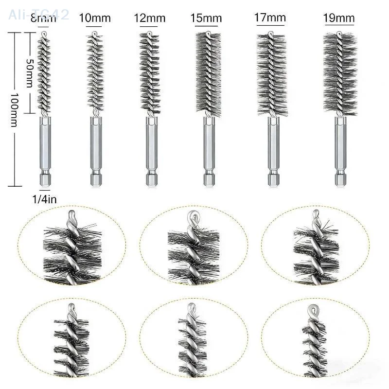 pogyrt 6/8/10/12/14Pcs 8-19mm Stainless Steel Pipe Cleaning Brush 1/4 Hexagonal Wire Brush For Electric Drill Cleaning Tool