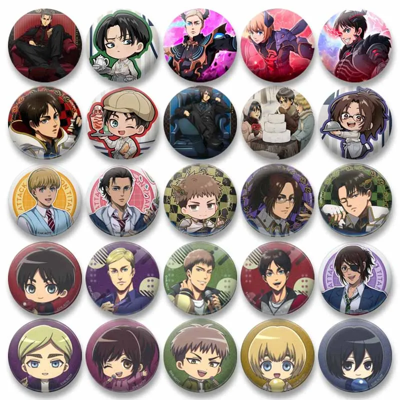 Роль-мультфильма-Эрен-Йегер-Леви-Акерман-кнопки-значок-аниме-«Атака-Титанов»-круглая-брошь-ручной-работы-аксессуар-для-одежды-для-рюкзака