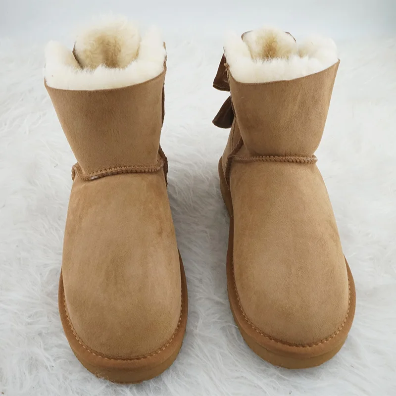 New Classic Velvet Bow 100% Genuine Sheepskin Leather Snow Boots Natural Fur Women Boots Warm Winter Boots Ankle Boots