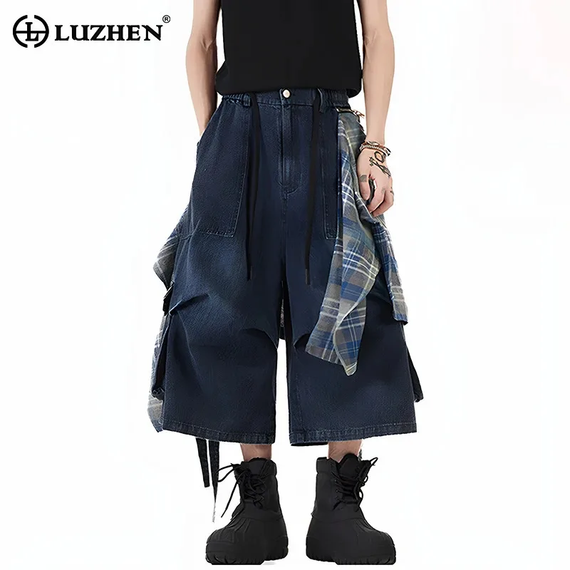 

LUZHEN Original Personalized Detachable Plaid Printed Hemline Decorate Cropped Denim Pants Men 2025 Summer Fashion Jeans JY3348