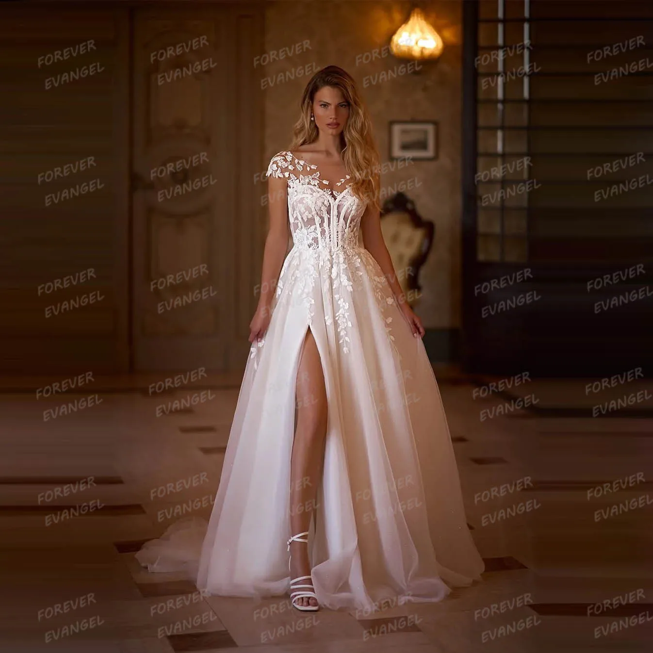 

Simple Boho Appliques Wedding Dresses A Line Woman's Sexy Elegant High Side Split Bride Gowns Tulle Vestidos De Novia Customized