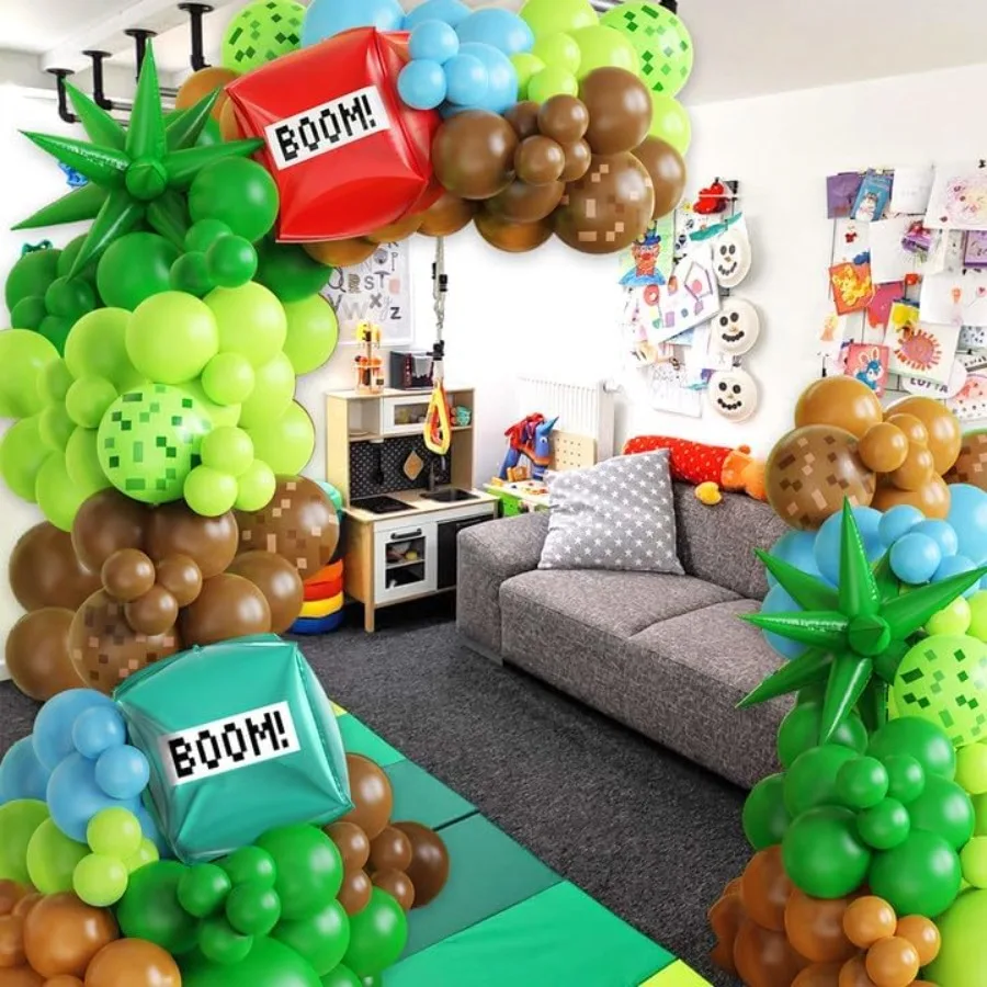 147Pcs Kit Dekorasi Balon Video Game Pixel Hijau Coklat Biru Balon Lateks dengan Balon Foil Boom untuk Pesta Ulang Tahun Tema Gamer Anak Laki-laki